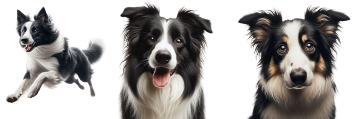 Cutout set of Border Collie Dog, Running, Happy, Sad Isolated on Transparent or white background PNG, Detailed, Clipart, Printable quality