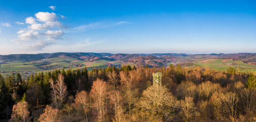 Aerial view of the steel-framed observation tower built in 1889 on the Wilzenberg mountain in Germany