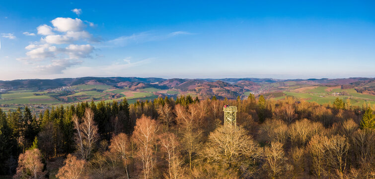 Aerial view of the steel-framed observation tower built in 1889 on the Wilzenberg mountain in Germany