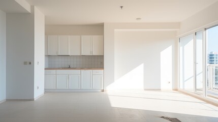 Empty apartment room for sale or rent, already built for interior design, beautiful light space, AI generated, space for text