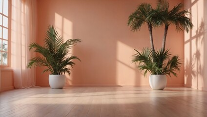 Fototapeta na wymiar Abstract peach color gradient studio background for product presentation. Empty room with shadows of window and flowers and palm leaves. 3D room with copy space. Summer concert. Blurred backdrop. 