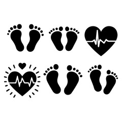 Set of heart pulse with heart and baby´s feet vector flat style black color silhouette