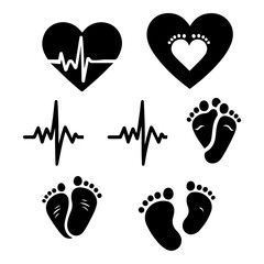 Set of heart pulse with heart and baby´s feet vector flat style black color silhouette