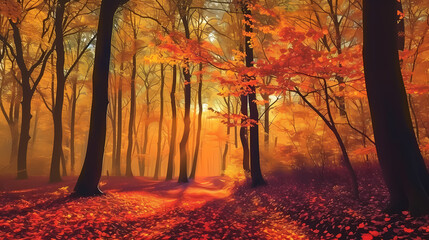 Fallen leaves in the forest in autumn, vibrant trees in the forest