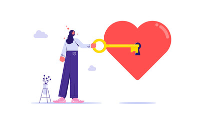 Unlock work passion of your business, motivation to success and win business competition, mindset or attitude to work in we love to do concept, businesswoman holding a key to unlock the heart - obrazy, fototapety, plakaty