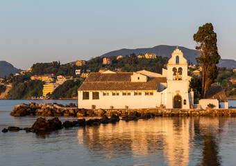 Sunrise view of Holy Monastery of Panagia Vlacherna on the island of Corfu