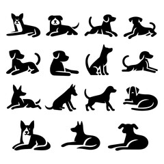 minimal Set of a Dog lay down different pose vector icon in flat style black color silhouette, separated each element, white background