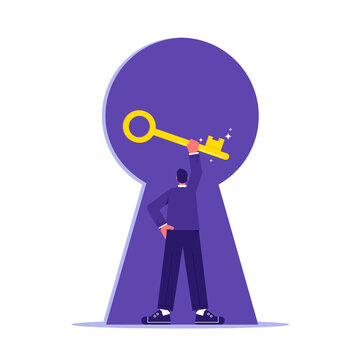 Key to business success concept, businessman leader with a key in a keyhole, setting and achieving goals, successful entrepreneur