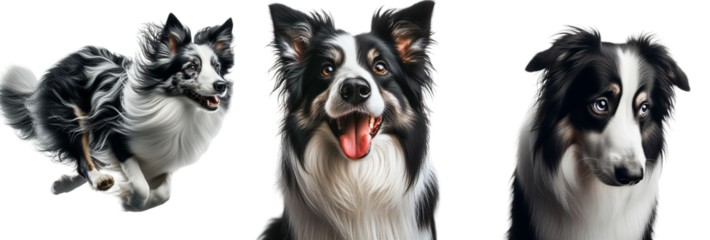 Cutout set of Border Collie Dog, Running, Happy, Sad Isolated on Transparent or white background PNG, Detailed, Clipart, Printable quality