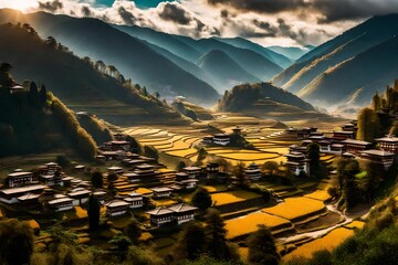 Valley in Bhutan near Punakha with rice fields and typical houses. Travel to Bhutan and enjoy the beautiful landscape of farms and mountains in this buddhist country.