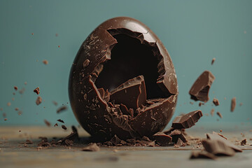 close up horizontal image of a broken chocolate easter egg Generative AI - obrazy, fototapety, plakaty