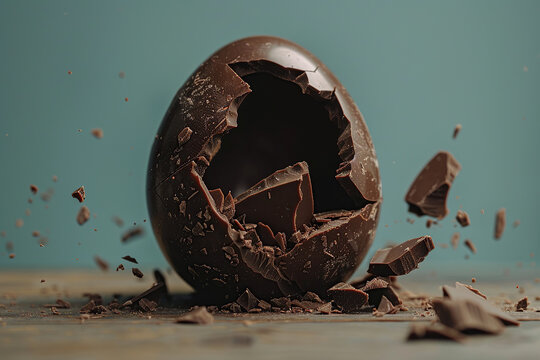close up horizontal image of a broken chocolate easter egg Generative AI