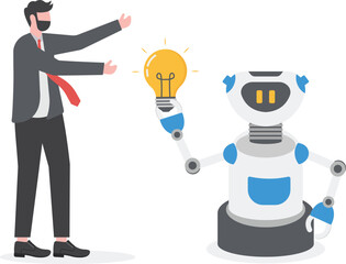 AI artificial intelligence technology to think and advice new idea, machine learning chatbot to support and help, innovation or automation, smart robot with AI chip thinking about new lightbulb idea.
