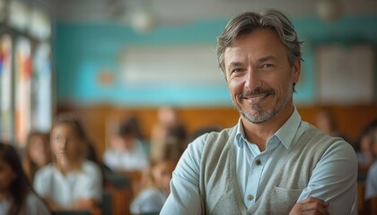Fototapeta premium A middle-aged teacher in a school classroom teaching students. American style of teaching. Friendly atmosphere. High quality photo