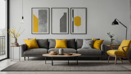 Living room design with gray sofa and yellow accents and blank poster mockup. generative AI