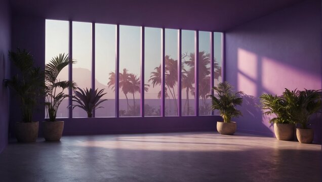 Abstract violet color gradient studio background for product presentation. Empty room with shadows of window and flowers and palm leaves. 3D room with copy space. Summer concert. Blurred backdrop. 