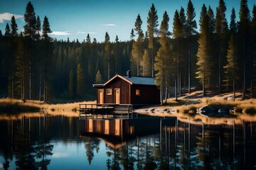 Finnish sauna on shore of blue lake, Northern Finland, Lapland