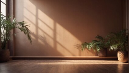 Bronze color gradient studio background for product presentation. Empty room with shadows of window and flowers and palm leaves. 3D room with copy space. Summer concert. Blurred backdrop. 