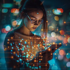 A young woman interacts with futuristic holographic interface technology with glowing connections.