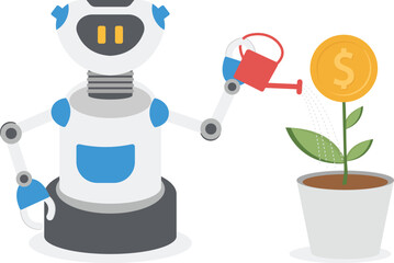 Modern Robot Watering Plant Futuristic Artificial Intelligence Mechanism Housekeeping Technology Flat Vector Illustration

