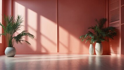 Coral color gradient studio background for product presentation. Empty room with shadows of window and flowers and palm leaves. 3D room with copy space. Summer concert. Blurred backdrop.