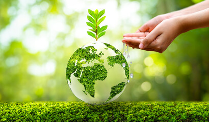 environment Earth Day In the hands of trees growing seedlings. Bokeh green Background Female hand holding tree on nature field grass Forest conservation concept - obrazy, fototapety, plakaty