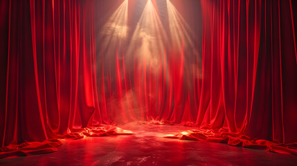 A red stage curtain with a spotlight shining on it.