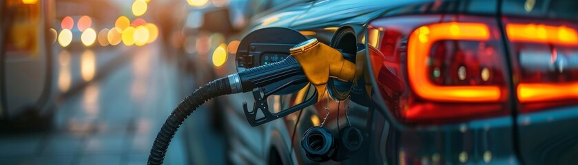 Fuel pump nozzle inserted in a car's tank at a brightly lit gas station during twilight, signifying energy and transportation. - obrazy, fototapety, plakaty