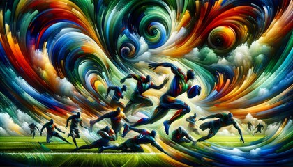 Imagine an abstract colorful representation of a figures of rugby players in the game’s dynamic scene