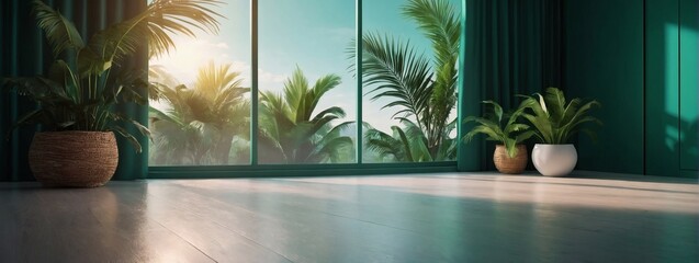 Emerald color gradient studio background for product presentation. Empty room with shadows of window and flowers and palm leaves. 3D room with copy space. Summer concert. Blurred backdrop.