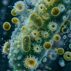 A microscopic view revealing the intricate details of various bacteria cells, highlighting the complexity of microorganisms.
