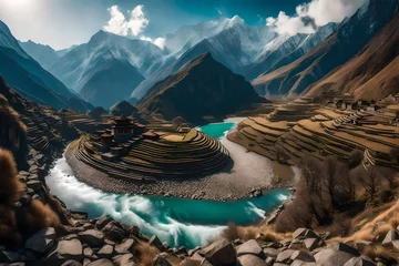 Fototapete Annapurna Himalayas mountains river valley panorama in Annapurna range, Nepal
