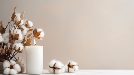 Burning candle and dried flowers on white wooden table against beige wall