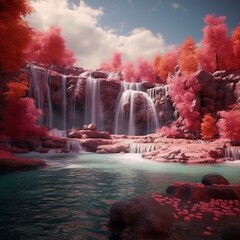 Colorful magic waterfall, in red colors. Rocky fabulous terrain. 3d render