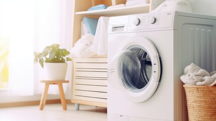 Laundry room interior with washing machine and clothes in sunny day