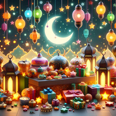 Ramdan mubarak image with the lights on sideboard 