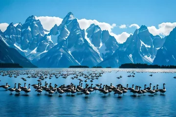 Crédence de cuisine en verre imprimé Chaîne Teton Flock of geese in flight in a blue sky, with peaks of the Grand Teton Mountains in the background