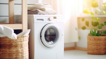 Washing machine in the laundry room. 3d rendering and illustration.
