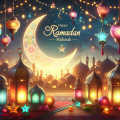 Ramdan mubarak image with moon and lights 