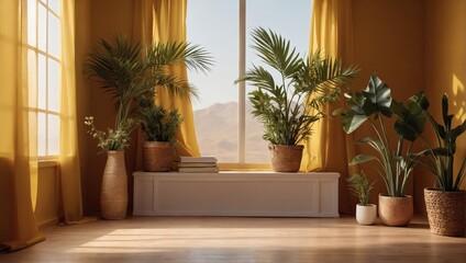 Mustard color gradient studio background for product presentation. Empty room with shadows of window and flowers and palm leaves. 3D room with copy space. Summer concert. Blurred backdrop. 