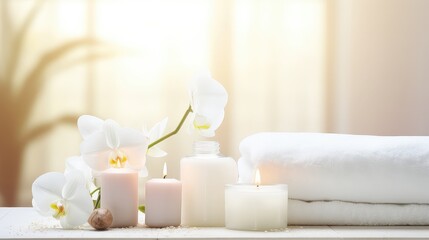 Fototapeta na wymiar Spa setting with white orchids and candles on light background
