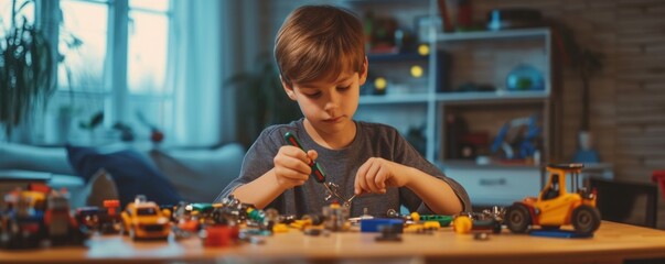 Young boy with a screwdriver assembling creative toys