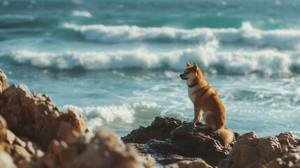 Dog on the rock at sea Shiba Inu near the blue water