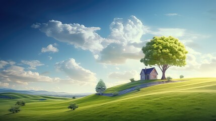 Lonely house in the field. Rural landscape. Vector illustration.