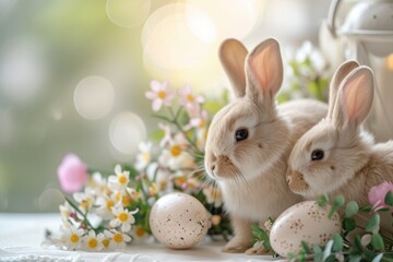 Naklejka na ściany i meble Two fluffy rabbits sit among Easter eggs, spring flowers on a light background. The concept of celebrating the arrival of spring and Easter, copi space