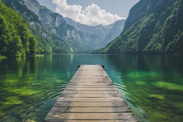 Fototapeta premium A wooden pier on a lake among the mountains and against the backdrop of a forest, a reflection of the surrounding landscape in the water. The concept of development of tourism, travel, recreation.