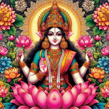 Goddess Lakshmi in the Mystical Lotus Garden, Wall Print, Home Decor 