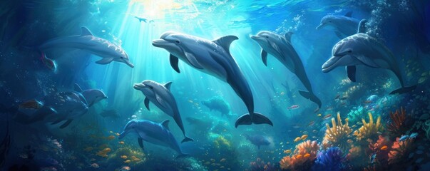 Fototapeta na wymiar Dolphins swiming together.