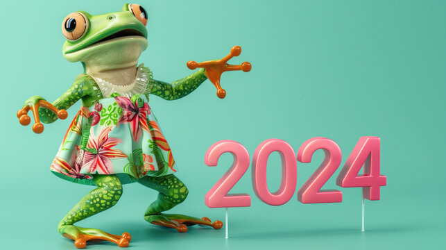 Whimsical Green Frog in Floral Dress Celebrating Leap Day 2024.