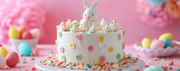 The birthday cake is decorated with a cute bunny on top on a pink background on the table and Easter eggs in plates. Children's birthday and Easter celebration concept, banner, copy space
